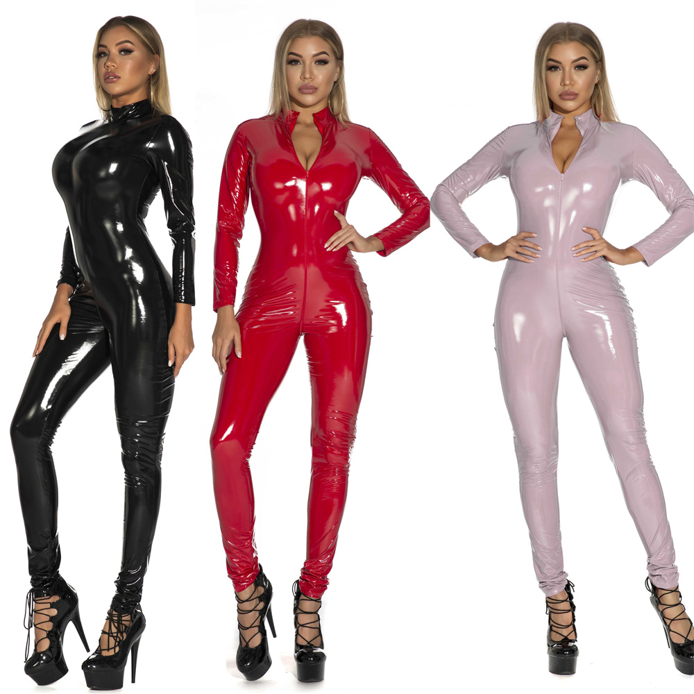 女性のセクシーな光沢のある PU フェイクレザージャンプスー - Sewing Latex のレビューと価格